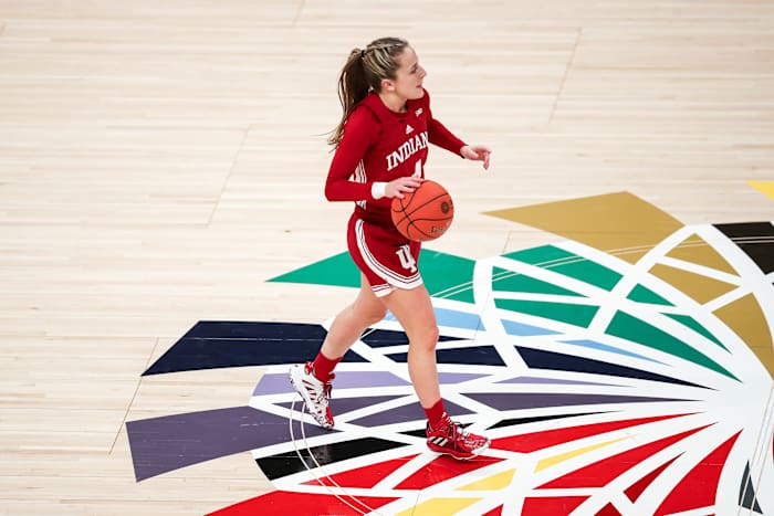 Nicole Cardaño-Hillary dribbles the ball down the court in Indiana's Big Ten Tournament matchup versus Iowa.